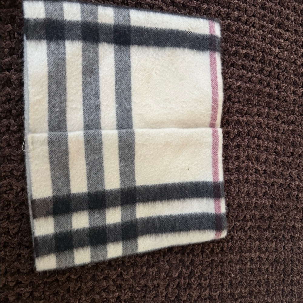 Burberry Plaid Wool Scarf - Cream, Black & Pink Trim